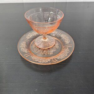 Federal Sharon Cabbage Rose Depression Glass Sherbet & Saucer Set Pink